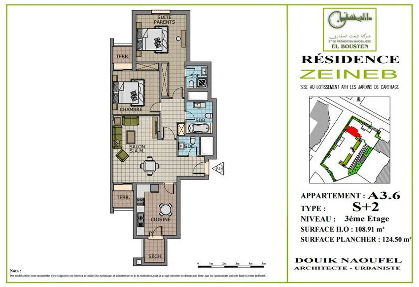 Plan A3.6 S+2 Résidence Zeineb